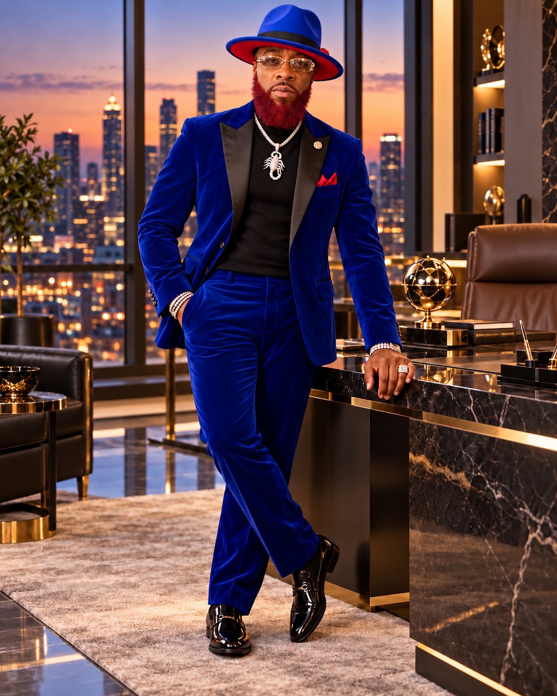 Zakunda-ze Handberry standing in his office in a royal blue velvet suit, with the city skyline at sunset behind him