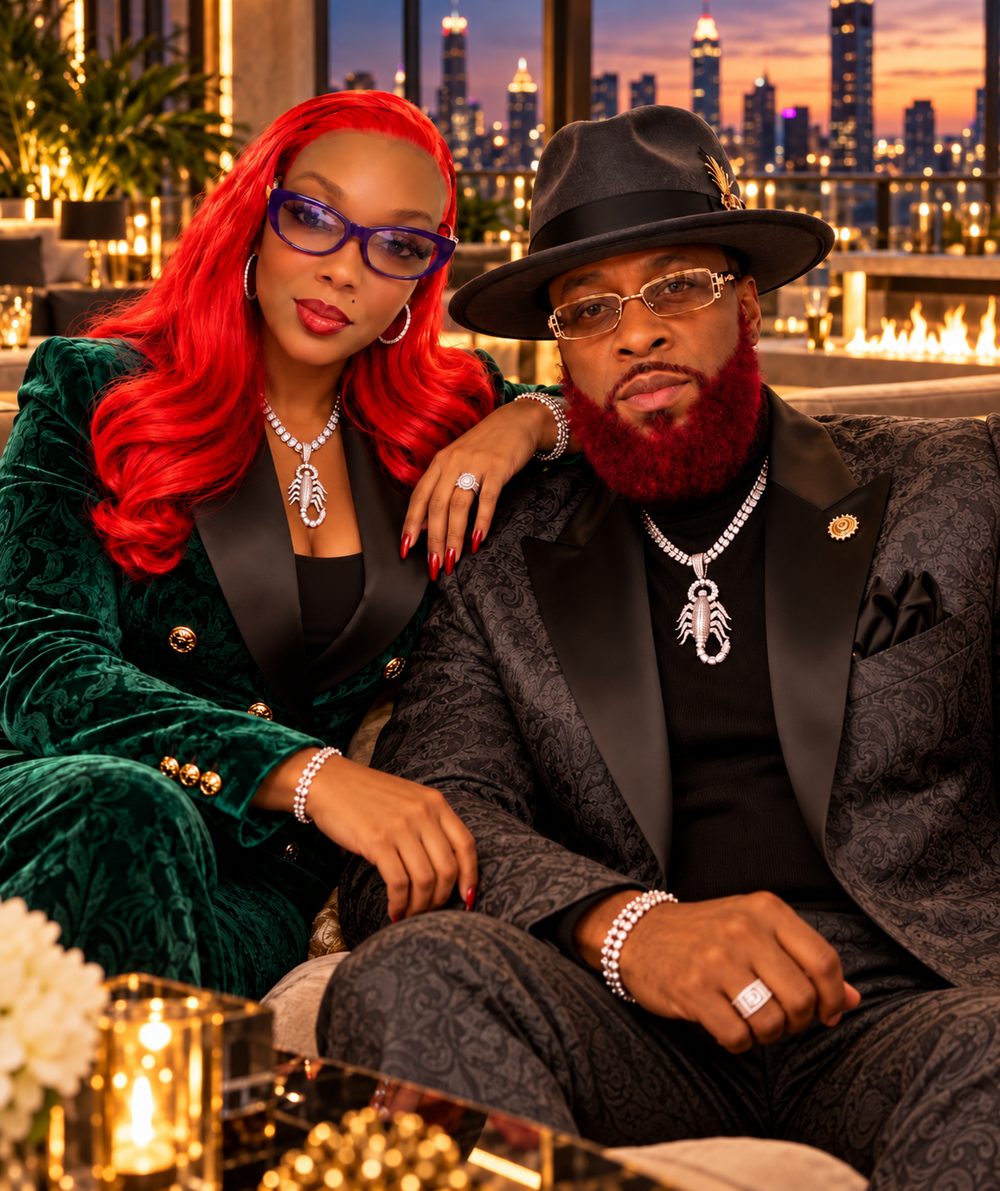 Kadie-Ann Bryan and her husband, Zakunda-ze Handberry, seated together on a rooftop lounge at sunset
