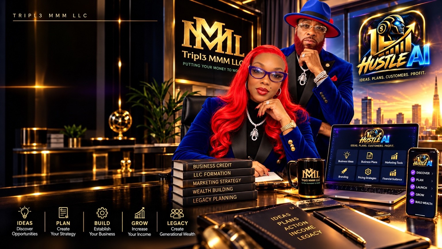 Kadie-Ann Bryan and Zakunda-ze Handberry in the Tripl3 MMM office with Hustle AI on a laptop and phone, and the path Ideas, Plan, Build, Grow, Legacy