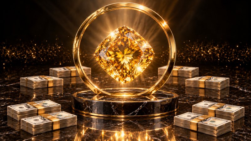 A brilliant yellow diamond inside a gold ring on a marble pedestal, surrounded by stacks of hundred-dollar bills