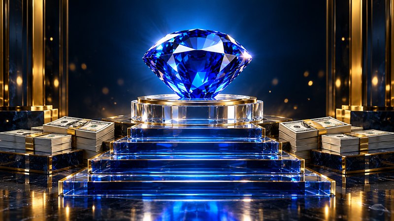 A glowing blue sapphire on a crystal pedestal above blue glass steps, with stacks of hundred-dollar bills