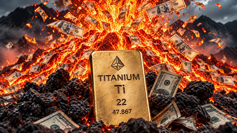 A titanium bar on volcanic rock with an erupting volcano and flying dollar bills